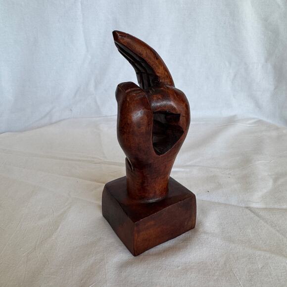 Vintage Walnut Sculpture Hand Symbol OK Gesture Quirky Art - Picture 5 of 9
